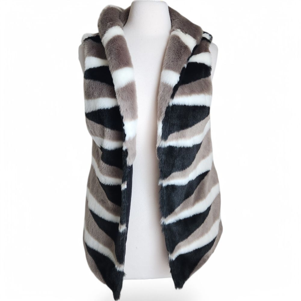 NIC+ZOE Women's M Faux-Fur Vest Black Taupe White Zig-Zag Sleeveless